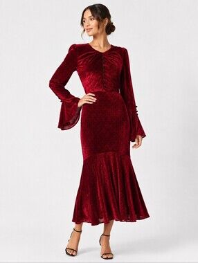 Prabal Gurung Dotted Bell Sleeve Velvet Red Midi Dress Velvet Size 6